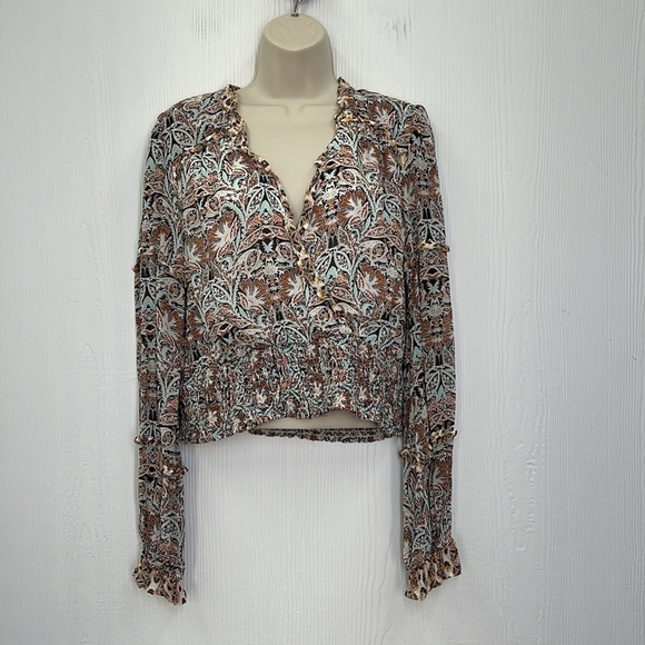Anthropologie - Paisley Floral Printed Blue Motif Ruffle Deep V Blouse Medium - Picture 2 of 11
